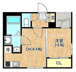 ハーモニーテラス大今里南II 2階1DKの間取り