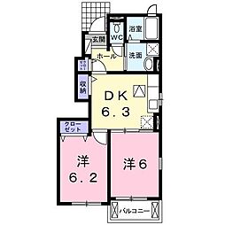 コスモグレイスB棟 2DKの間取図画像