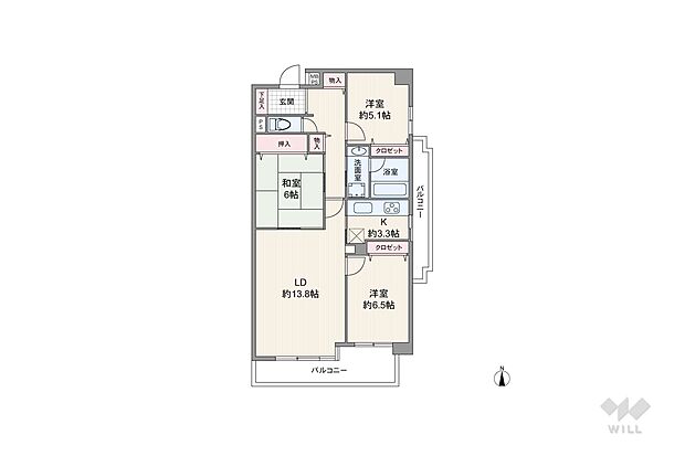 間取りは専有面積81.67平米の3LDK。2面バルコニー・縦長リビングのプラン。キッチンは独立型でサブバルコニーに出られる引き戸が設けられています。LDKと続き間の和室は廊下側からも出入り可能です。