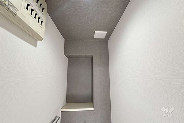 ～収納～トイレの背面に棚があり、ディフューザーやインテリア用品や消耗品を置いておくことができそうですので、便利になっております。［2025年12月6日撮影］