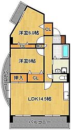 ガーデンパレスやひろI 9階2LDKの間取り