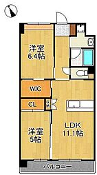 ウイングス西本町 9階2LDKの間取り