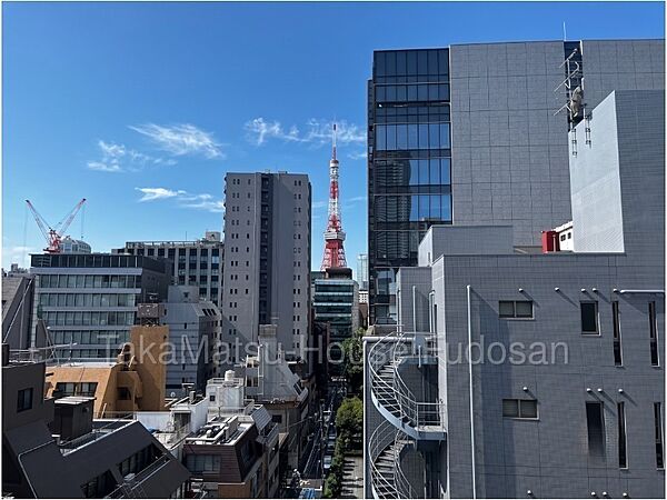 リビングから東京タワー方面を望む眺望。都心らしい町並みを日常を感じられる住戸です