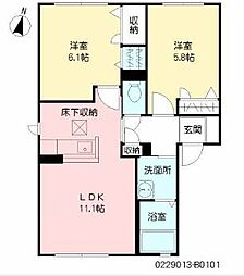 バサラハイツII B棟 1階2LDKの間取り