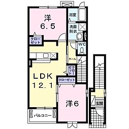 グランドヒルズC 2階2LDKの間取り