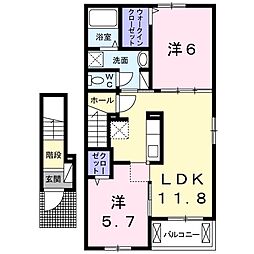 カトレア　スウィート 2階2LDKの間取り