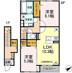 JR信越本線 長野駅 徒歩16分の賃貸アパート 2階2LDKの間取り