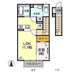 JR信越本線 長野駅 徒歩30分の賃貸アパート 2階1LDKの間取り