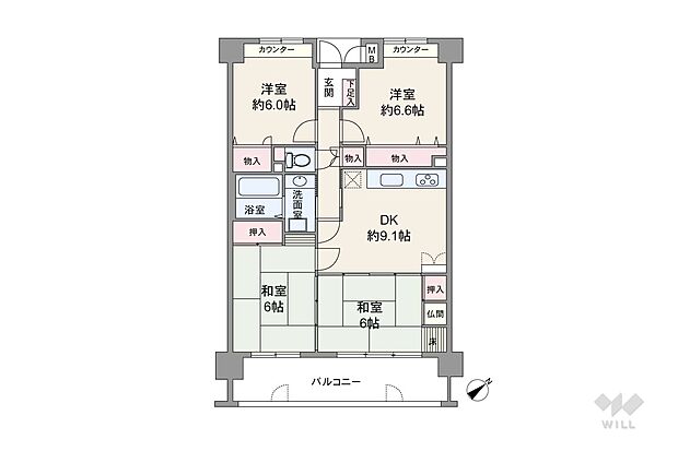 78.26平米の4DK。DKが中央あたりに配置されており、バルコニーには和室2部屋が面しています。DKは和室とつなげて使うことも可能。キッチンと洗面室の行き来がしやすく、家事動線に優れています。