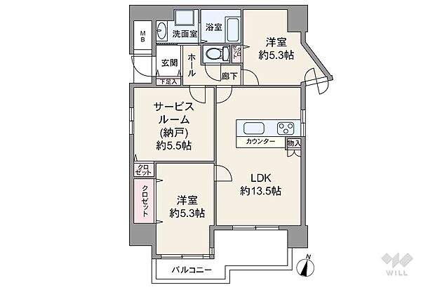 専有面積63.58平米の2SLDK。室内廊下が短く、居室スペースを広く確保したプラン。バルコニー側の洋室はLDKを通って出入りする造りのため、子ども部屋にすればリビングで顔を合わせやすくなります。