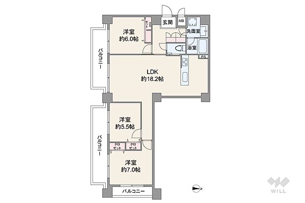 間取りは専有面積80.06平米の3LDK。全居室が3か所のバルコニーに面した、大変開放感のあるプラン。個室は全部屋洋室仕様で、3部屋中2部屋はLDKを通って出入りします。各個室に収納付きです。