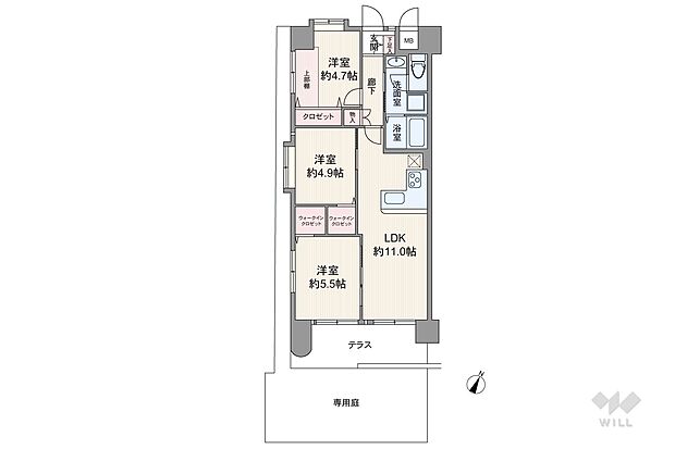 間取りは専有面積60.15平米の3LDK。広々とした専用庭月のプラン。個室3部屋中2部屋はLDKから出入りする造りで、庭側の洋室は、間仕切りを開放してリビングの延長として使うこともできます。