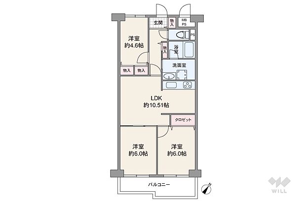 間取りは専有面積62.15平米の3LDK。全居室洋室仕様のセンターリビングプラン。バルコニー側の個室2部屋はLDKから出入りします。バルコニー面積は7.5平米です。