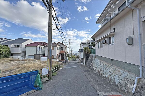 物件の南西側前面道路（北側から）。［2025年11月11日撮影］