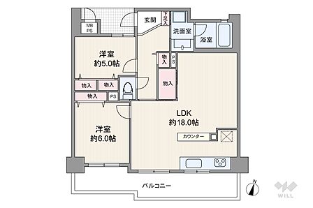 間取りは専有面積63.56平米の2LDK。LDK約18帖のプラン。バルコニー面積は14平米(概算)です。
