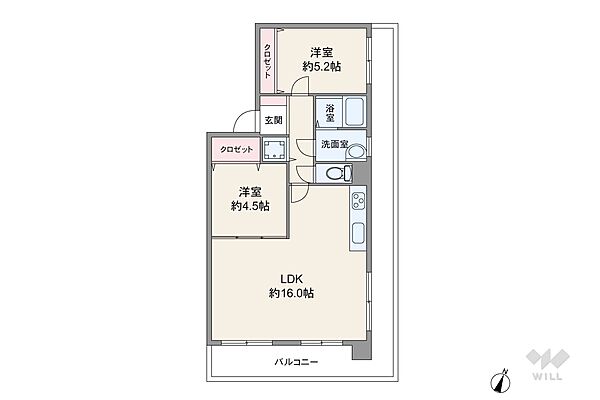 間取りは専有面積49.82平米の2LDK。LDK約16帖のプラン。