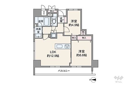 間取りは専有面積54.63平米の2LDK。LDK約12.9帖のプラン。バルコニー面積は8.72平米です。