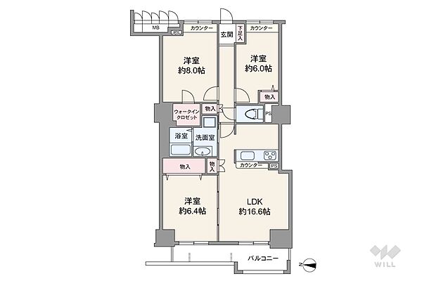 間取りは専有面積83.51平米の3LDK。LDK約16.6帖のプラン。バルコニー面積は9平米です。
