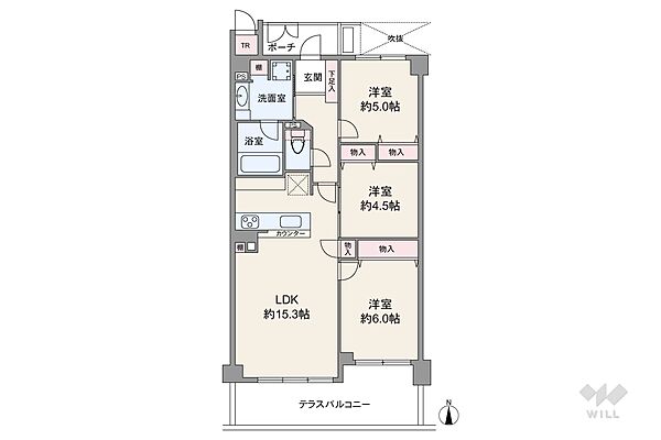 間取りは専有面積68.99平米の3LDK。LDK約15.3帖の縦長リビングのプラン。バルコニー面積は12.27平米です。