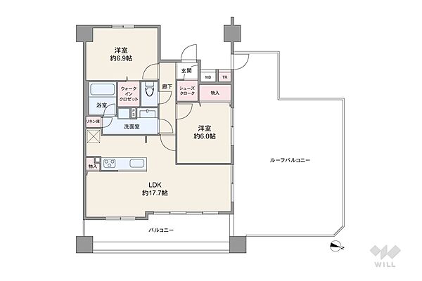間取りは専有面積71.8平米の2LDK。ルーフバルコニー付き、LDK約17.7帖の横長リビングのプラン。複数方向に採光部があり、バルコニー面積は15.14平米です。