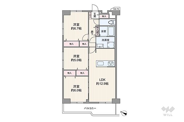 間取りは専有面積70.40平米の3LDK。LDK約12.9帖のプラン。バルコニー面積は8.53平米です。