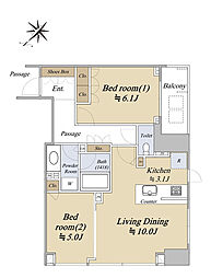 シティハウス月島駅前キャピタルコート 4階2LDKの間取り