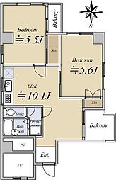 グリーンハウス 6階2LDKの間取り