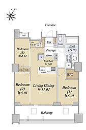 シティハウス横浜 8階3LDKの間取り