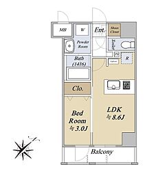 エステムプラザ横濱関内 11階1LDKの間取り