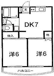 上の山ハイツ壱番館 2階2DKの間取り