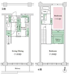 都営大江戸線 牛込柳町駅 徒歩5分の賃貸マンション 5階2LDKの間取り