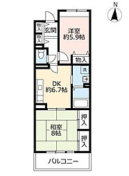 UR都市機構茨木学園町5号棟 2DKの間取図画像