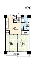 UR都市機構南港ひかりの団地16棟 2DKの間取図画像
