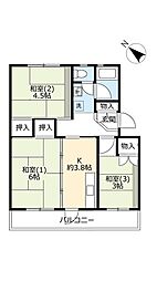UR都市機構泉北茶山台2丁団地4-3棟 2DKの間取図画像