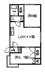 ロイヤル22コーポ 2LDKの間取図画像