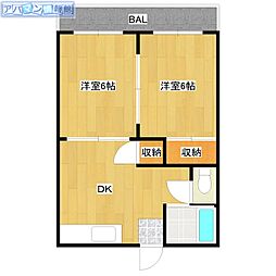ハイツシャンポールB棟 2DKの間取図画像