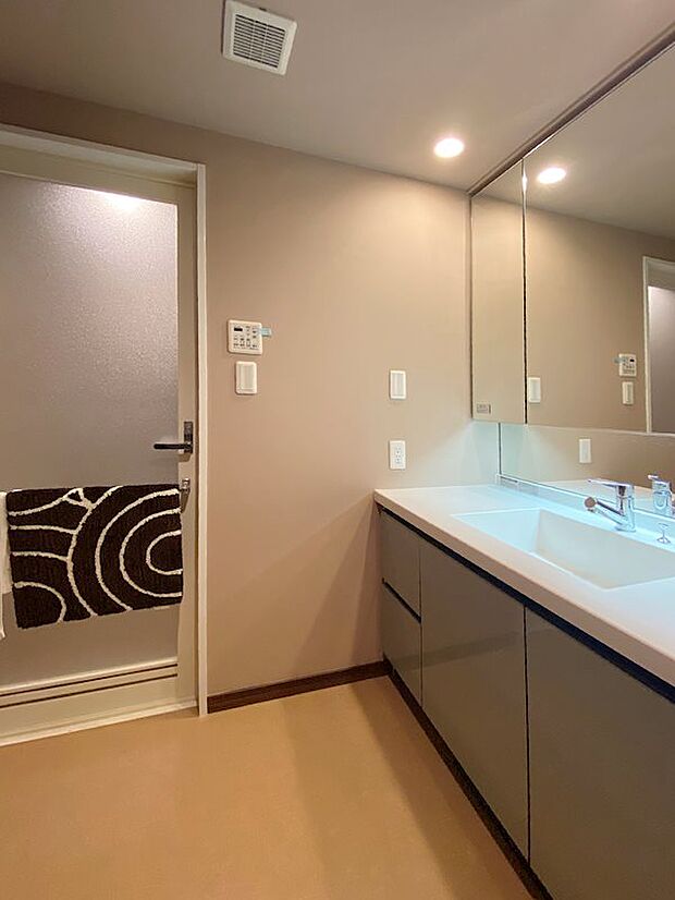洗面脱衣所は廊下とキッチンから行き来が可能な仕様です。洗面台もシックなデザインです。