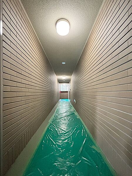 【共用部】玄関外側の通路も明り取りの窓があり、明るい雰囲気です。※現在大規模修繕工事中のため敷物がされています。