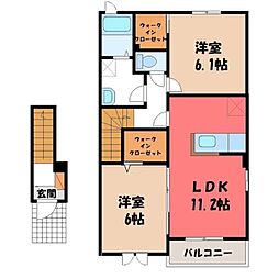 東武宇都宮線 安塚駅 徒歩12分の賃貸アパート 2階2LDKの間取り