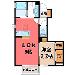 真岡鐵道 真岡駅 徒歩24分の賃貸アパート 1階1LDKの間取り