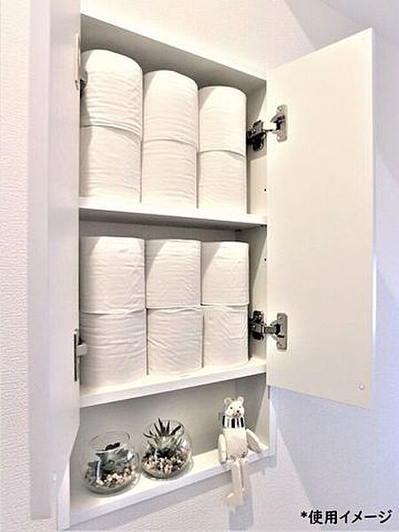 【イメージ画像】サニタリー用品やちょっとした掃除用具も目につかないようにしまっておけます。棚の高さは調節可能です！