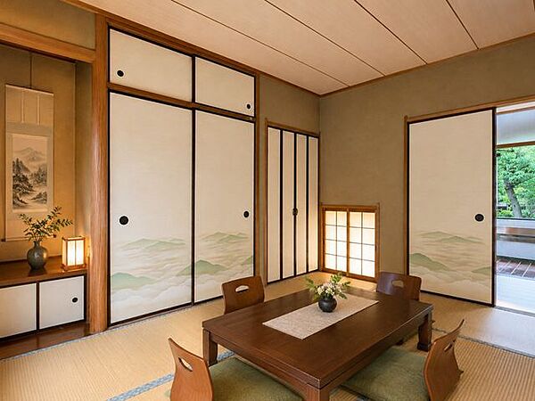 障子や木目の建具が落ち着いた雰囲気を演出する居室。和の趣を感じながら、客間や寝室としてゆったり使える空間です。家具はCGで加工したもので実際とは異なります