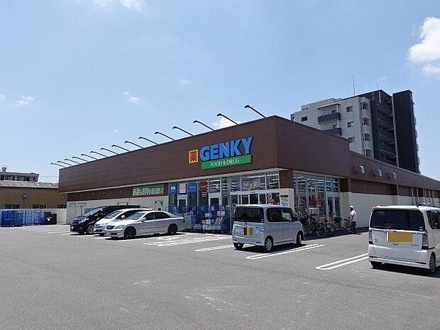 「ゲンキー新居屋西店」　営業時間9時〜21時　ドラッグストアですが、お薬などの以外にもお野菜やお肉・冷凍食品なども充実していてお値打ちに購入できます。 750m