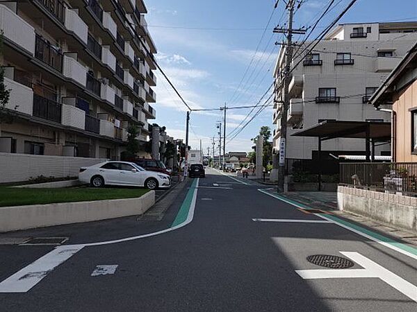 西側前面道路です。車がすれ違うのに十分な道幅です。車が2台と通行人も通れる幅となっています。
