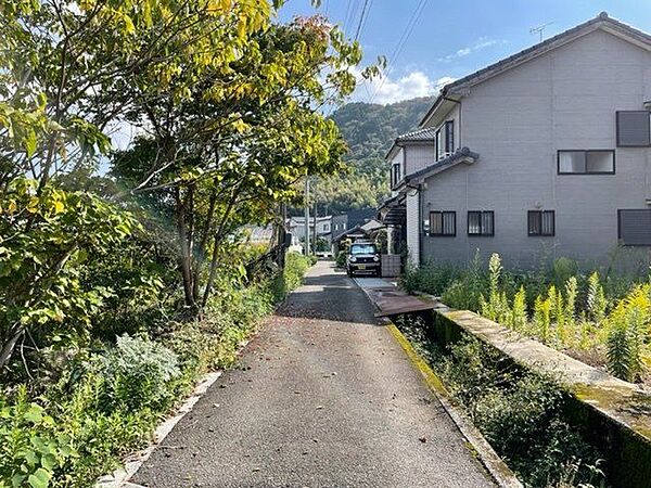 北側の前面道路です。右手にうつっている水路をはさみます。