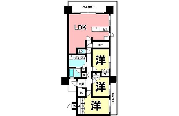 3LDK+納戸、南西角部屋、2面バルコニー【専有面積98.60m2】