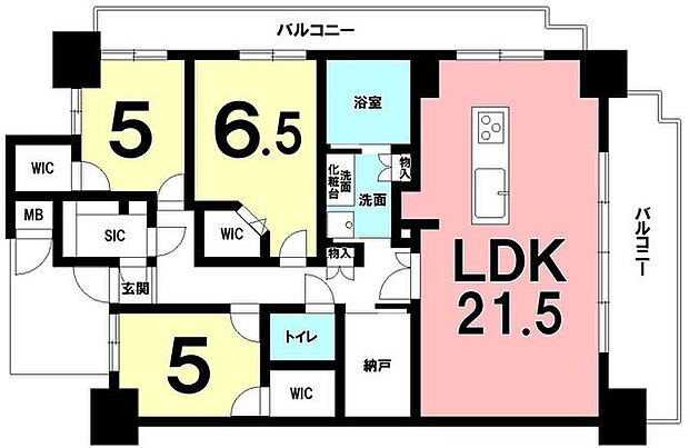 3LDK+納戸、WIC3カ所、SIC、北東角部屋、桜島眺望可能【専有面積90.50m2】