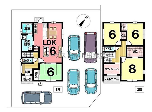 バルコニー付きのドライルームのある4LDK+S、2階にもトイレがあり、感染症対策にもなる間取りです。