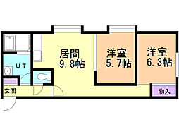 OMレジデンス北大通り 2DKの間取図画像