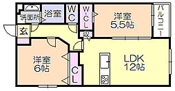 プランドール御井神道 2LDKの間取図画像